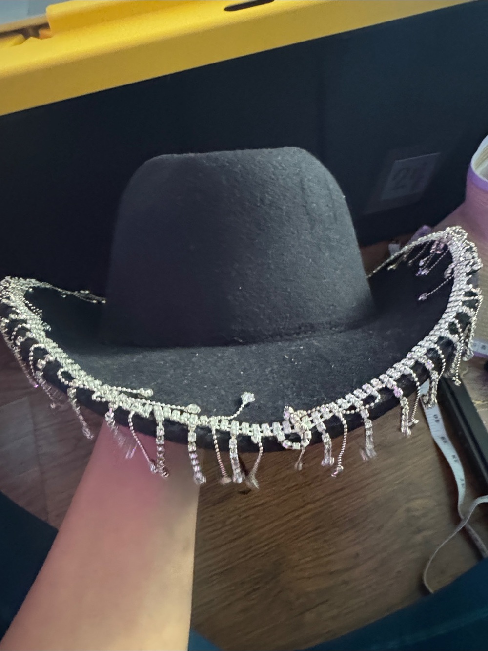 Black Felt Cowboy Hat with Silver Rhinestone Fringe 44.T
